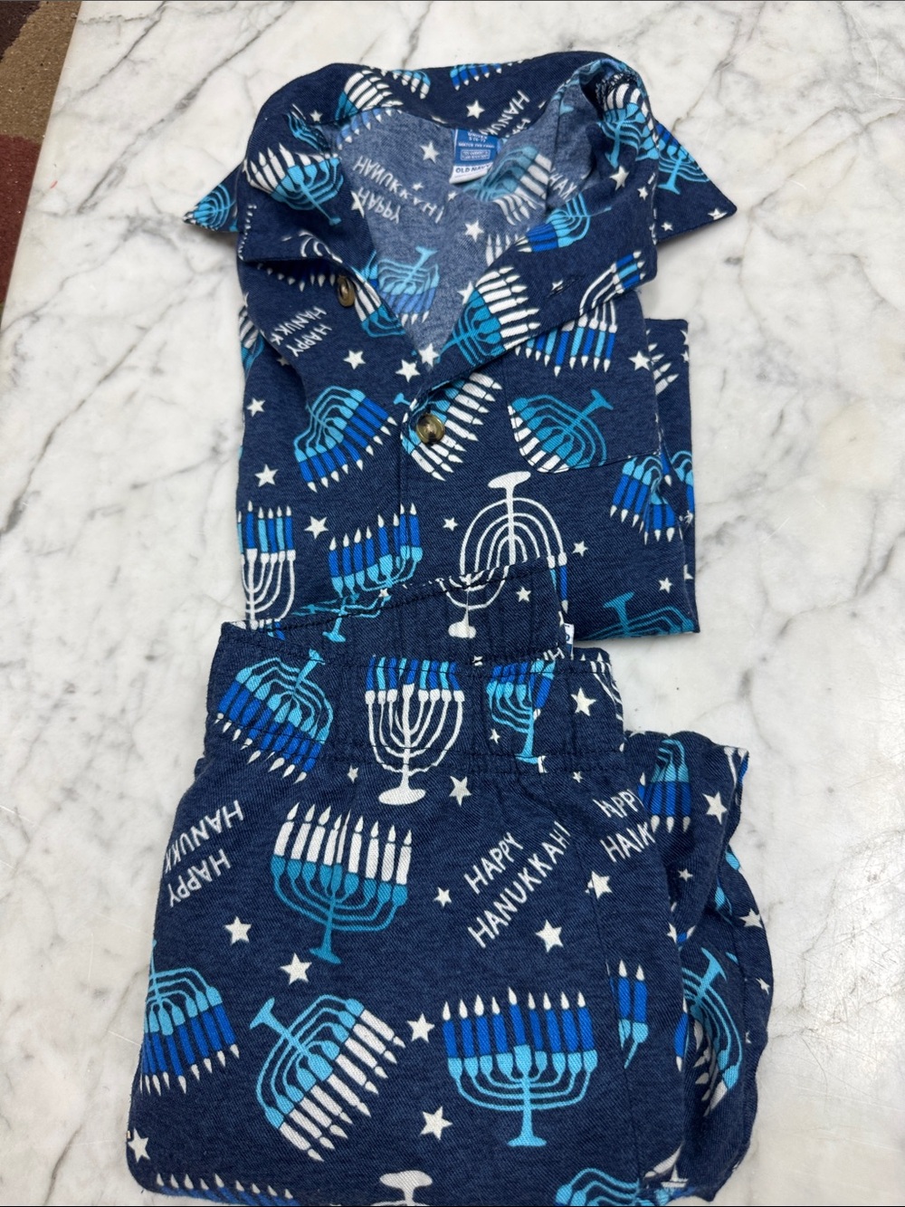 Old Navy Navy Blue Hanukkah Menorah Print Kids Pajama Set - Blue & White
